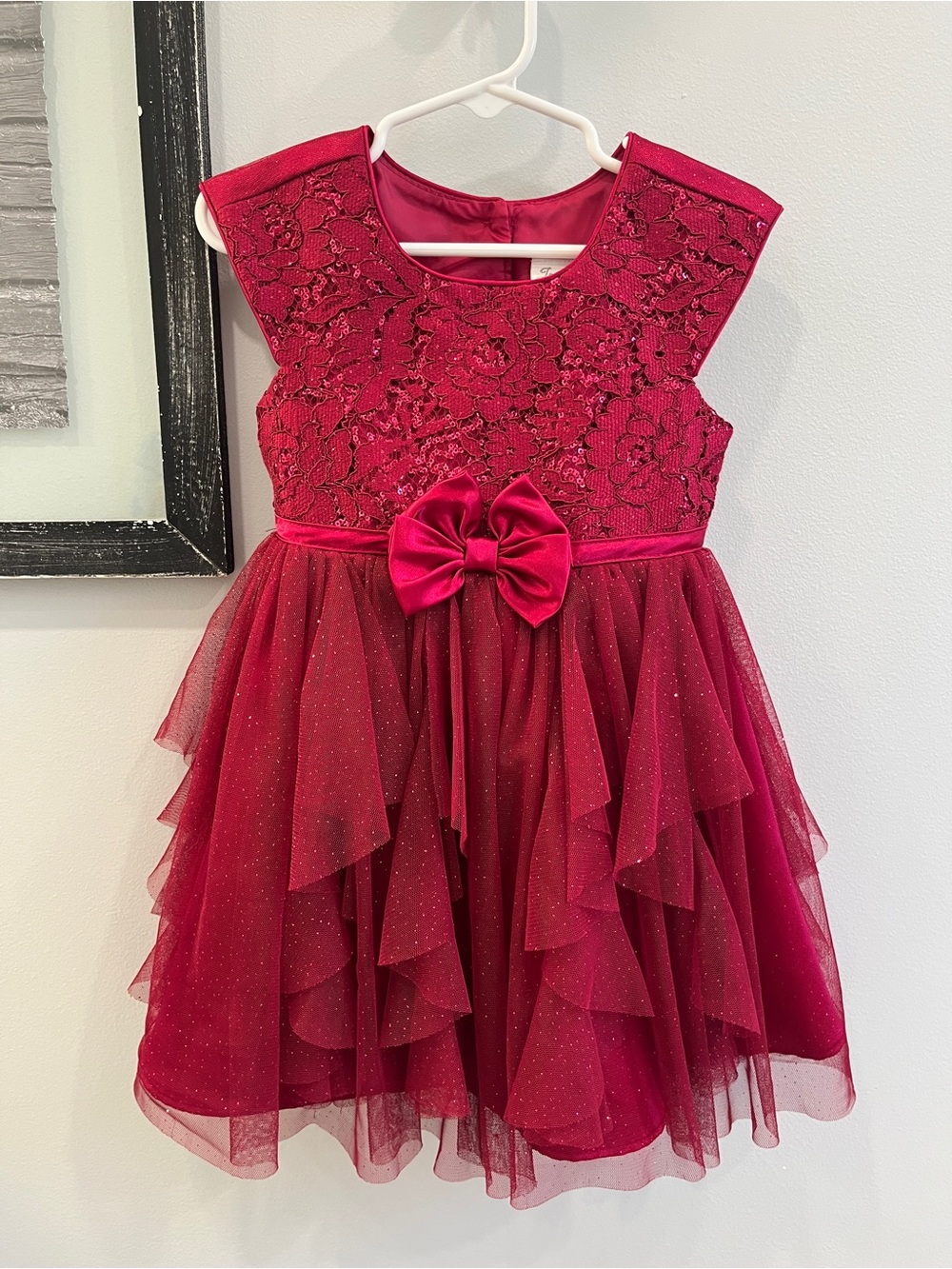 Jona Michelle Burgundy Lace & Glitter Tulle Dress with Bow